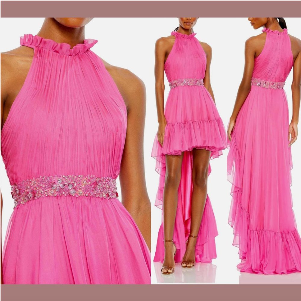 NWT $398 Mac Duggal [ 8‎ ] Halter Neck High-Low Gown In Hot Pink #Q676